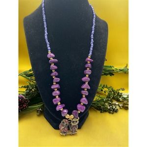 Two Rhinestones Owls Pendant Purple Resin Stone & Gold-Tone Beaded Necklace!